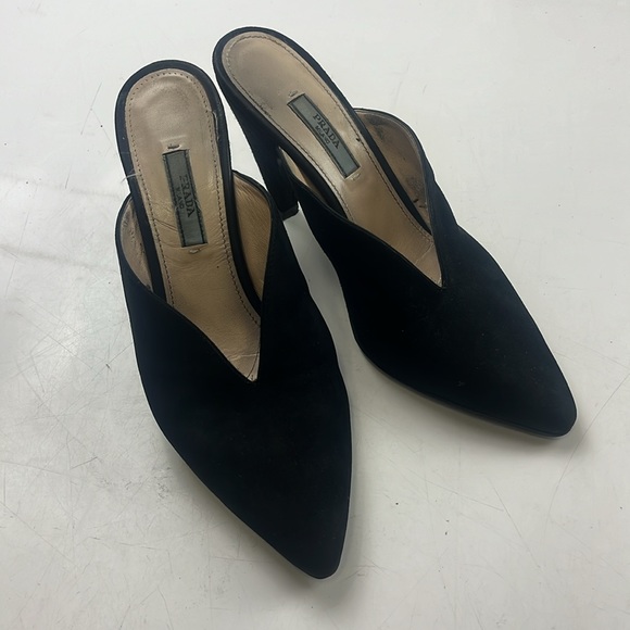 Prada Suede Whipstitch Trim Pointed Toe Cone Heel Mules - Size 37 - G85-13 - Picture 2 of 9